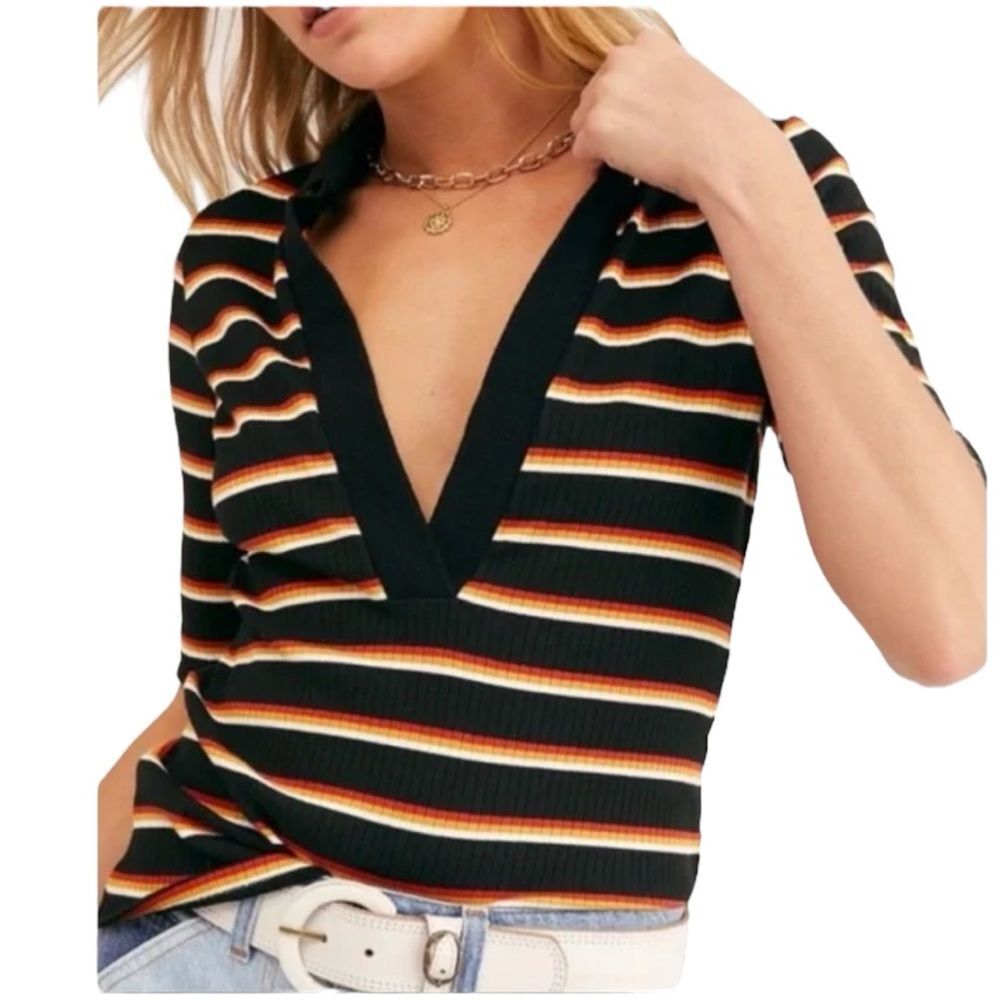 Free People Donna Striped Deep V Neck Ribbed Vintage-Inspired Indie Festival XS